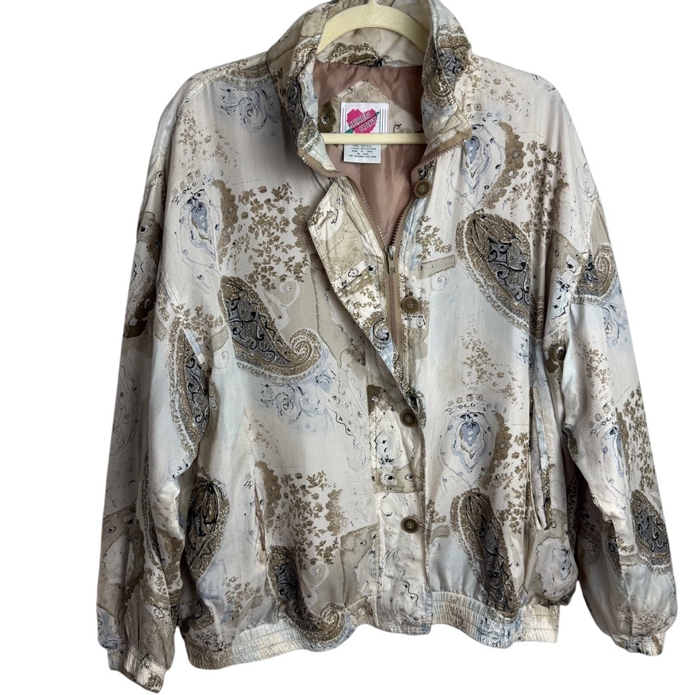 Keren Hart Vintage Silk Bomber Jacket Paisley Neutral Print Size Large Grunge